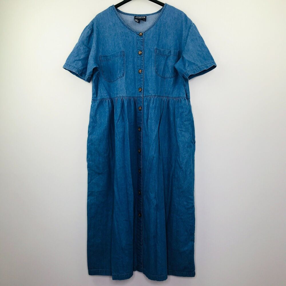 JG Hook 18 Shirt Dress Blue Collarless Chambray Pocket Front Midi Modest